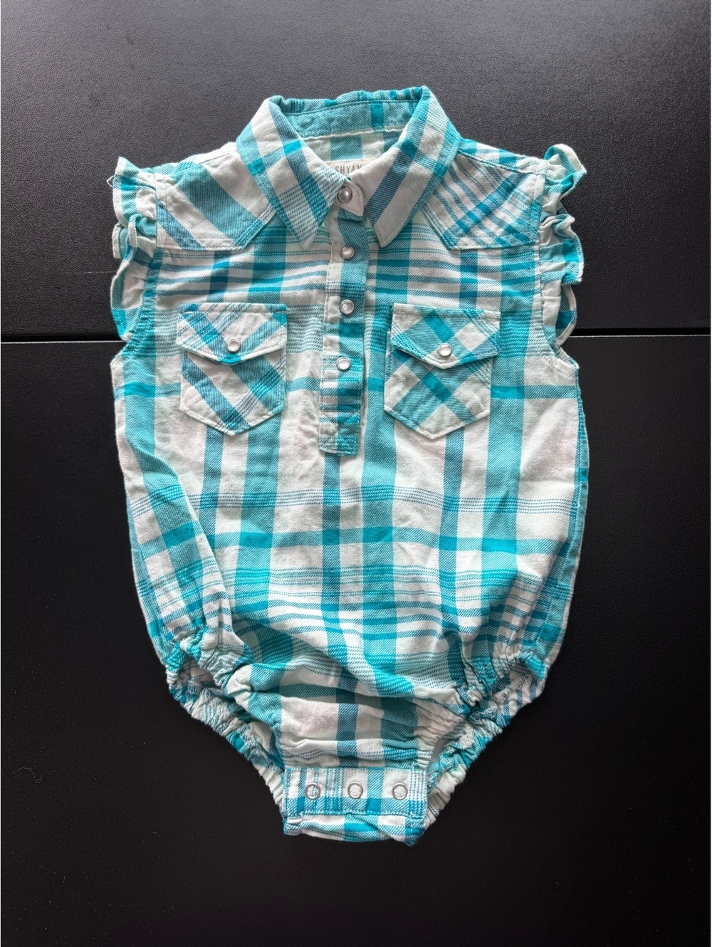 Shyanne Girls Baby Romper 12M Turquoise Plaid Western Cowgirl Pearl Snap Bubble